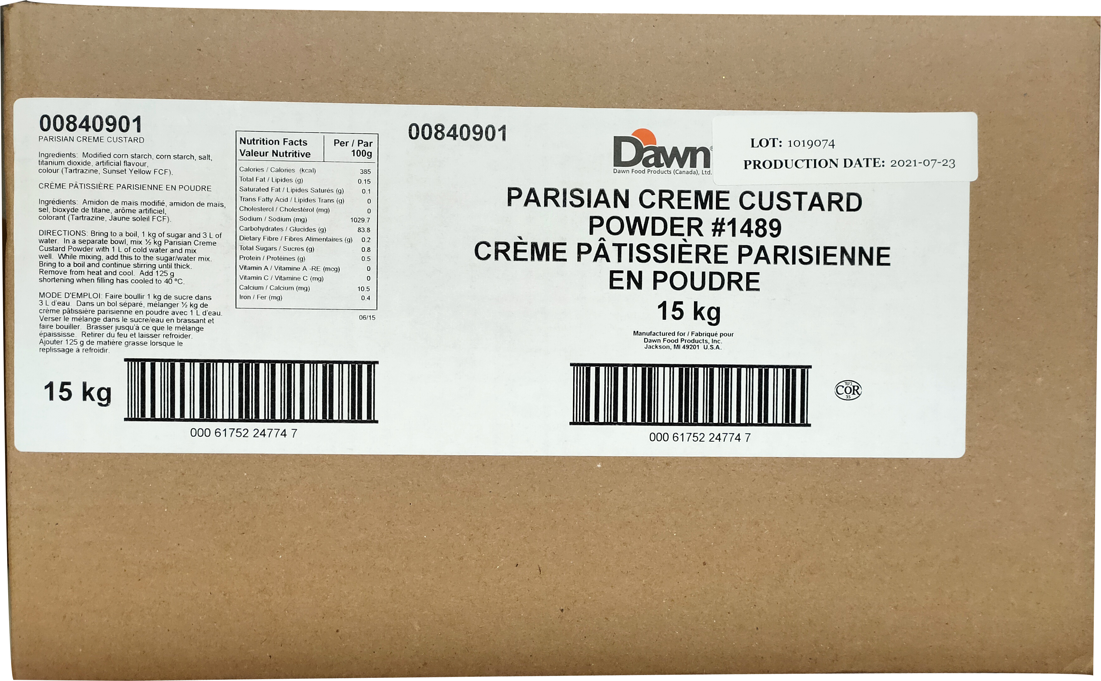 CRÈME PÂTISSIÈRE PARISIENNE EN POUDRE  15.9 kg
